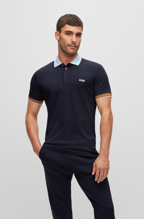 σκούρο μπλε Hugo Boss Interlock-βαμβακερό Slim-fit μπλουζάκι πόλο με έμπλαστρο με λογότυπο