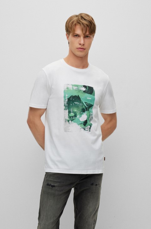 T-shirt από βαμβακερό ζέρσεϊ με εποχιακή στάμπα λευκό Hugo Boss