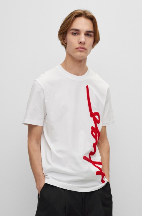 T-shirt από οργανικό βαμβάκι με κέντημα μεγάλου μεγέθους λογότυπου λευκό Hugo Boss