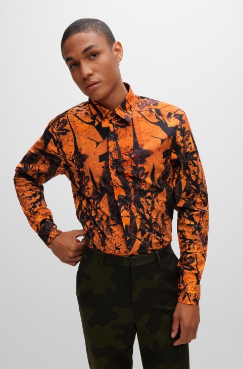 Σκούρο πορτοκαλί Slim-fit πουκάμισο από βαμβάκι με εποχιακή στάμπα Hugo Boss