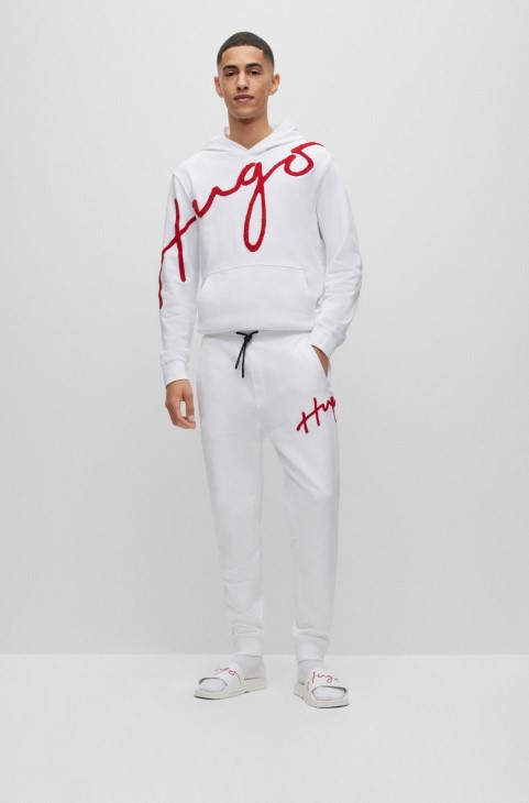 Παντελόνι φόρμας Hugo Boss λευκό βαμβακερό με χειρόγραφο κέντημα με λογότυπο
