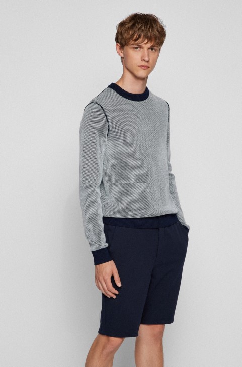 Σκούρο μπλε δομημένο βαμβακερό πουλόβερ με δίχρωμο εφέ Hugo Boss