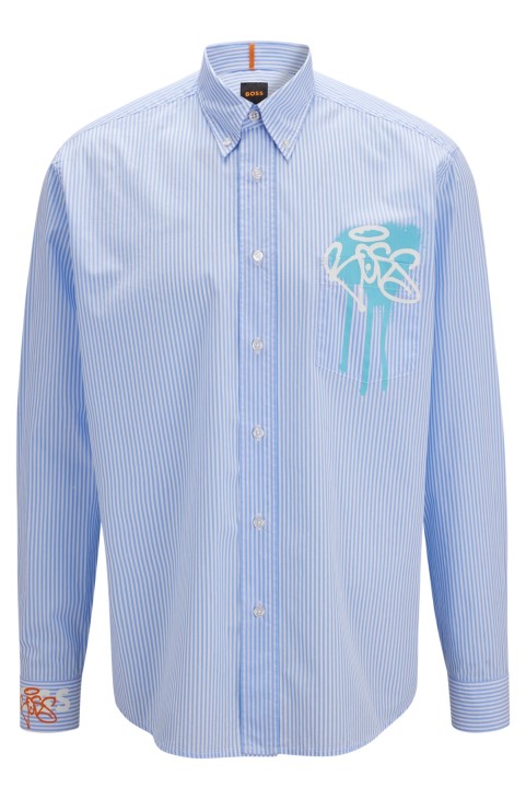 γαλάζιο μακρυμάνικο πουκάμισο με χαλαρή εφαρμογή με γκράφιτι Artwork Hugo Boss
