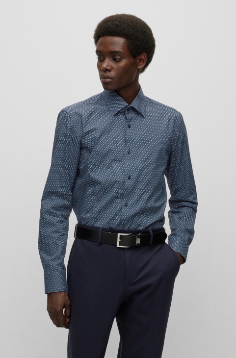 Πουκάμισο με μονόγραμμα με στάμπα σε λεπτή εφαρμογή σε στρετ βαμβακερή ποπλίνα Hugo Boss Blue