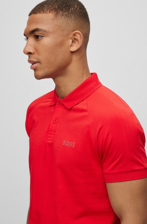 κόκκινο ελαστικό βαμβακερό Slim-fit μπλουζάκι πόλο με λεπτομέρειες από στρας Hugo Boss
