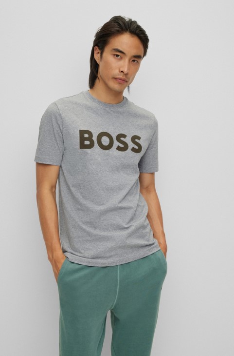 γκρι μπλουζάκι Hugo Boss Flock με λογότυπο σε βαμβακερή φανέλα