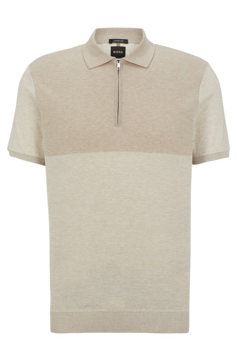 Πόλο μπλουζάκι Hugo Boss με φερμουάρ σε μεταξωτό και βαμβακερό ανοιχτό μπεζ