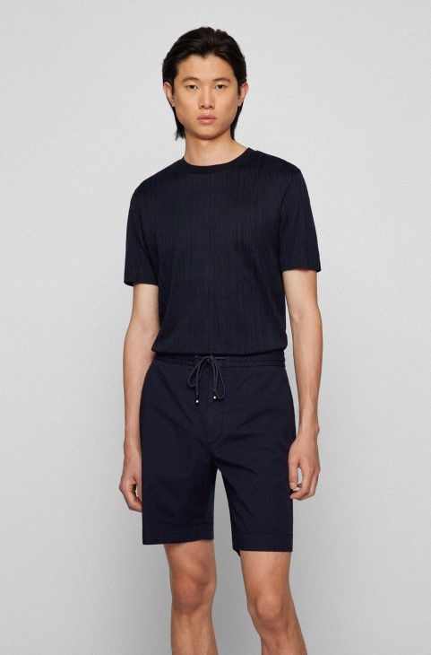 T-shirt Hugo Boss Slim-fit σε δίχρωμο μεταξωτό και βαμβακερό σκούρο μπλε