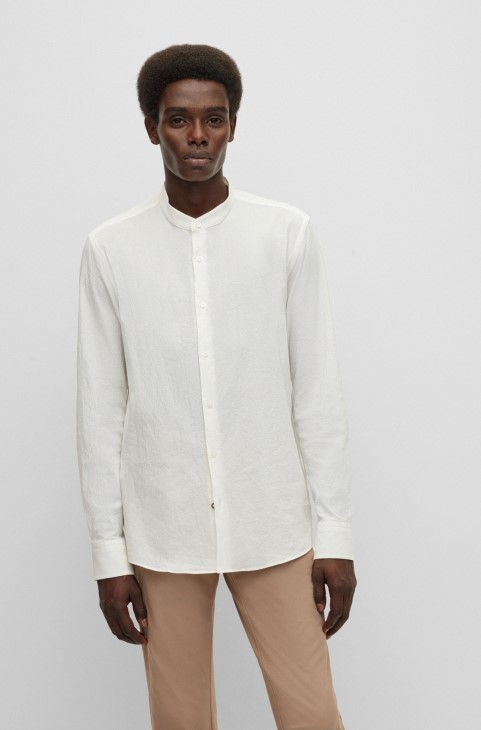 λευκό πουκάμισο Hugo Boss χωρίς γιακά με λεπτή εφαρμογή σε ελαστικό βαμβάκι