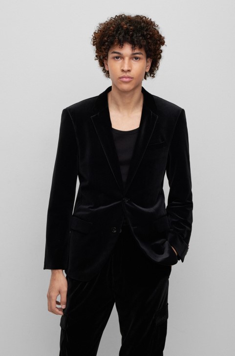 μαύρο μπουφάν Hugo Boss Slim-fit σε Performance-stretch βελούδο