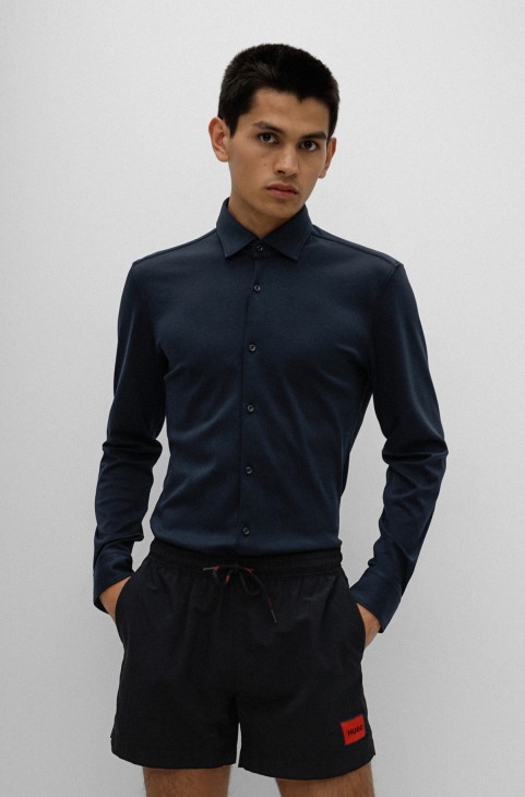 Slim-fit πουκάμισο σε βαμβακερή φανέλα με γιακά Kent σκούρο μπλε Hugo Boss