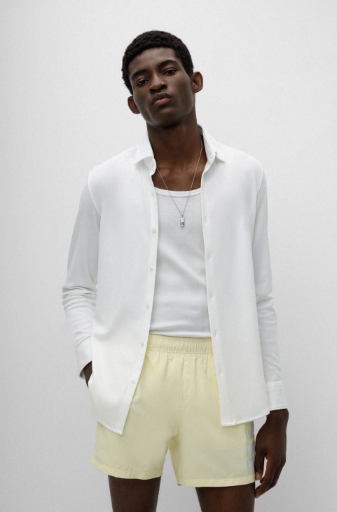 λευκό πουκάμισο Slim-fit σε βαμβακερή φανέλα με γιακά Kent Hugo Boss