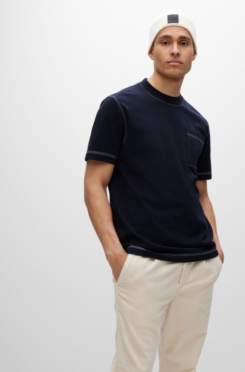 μπλε σκούρο μπλουζάκι από βαμβακερό ζέρσεϊ με μεγάλη εφαρμογή με ραφές Hugo Boss σε αντίθεση