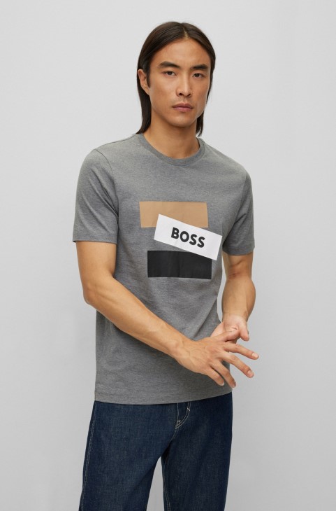 γκρι μπλουζάκι Hugo Boss Pima-cotton με υπογραφή ρίγας και λογότυπο