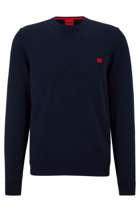 Hugo Boss σκούρο μπλε πουλόβερ από οργανικό βαμβάκι με ετικέτα με κόκκινο λογότυπο
