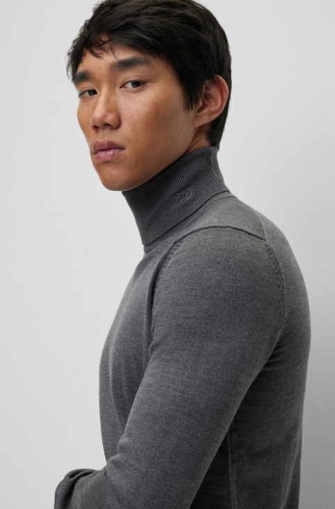 Σκούρο γκρι Hugo Boss Slim-fit Rollneck πουλόβερ από παρθένο μαλλί
