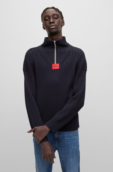 Πουλόβερ με φερμουάρ από οργανικό βαμβάκι και μαλλί Hugo Boss σκούρο μπλε