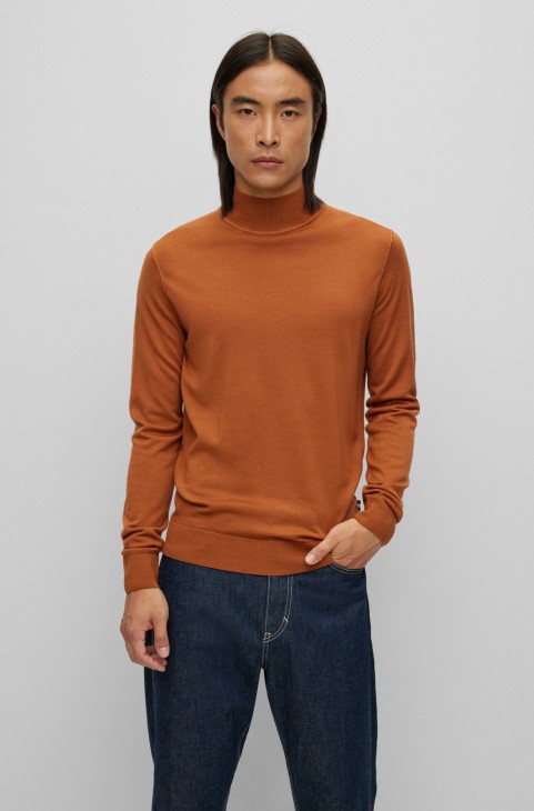 Πουλόβερ Hugo Boss με λαιμόκοψη σε παρθένο μαλλί και μεταξωτό καφέ