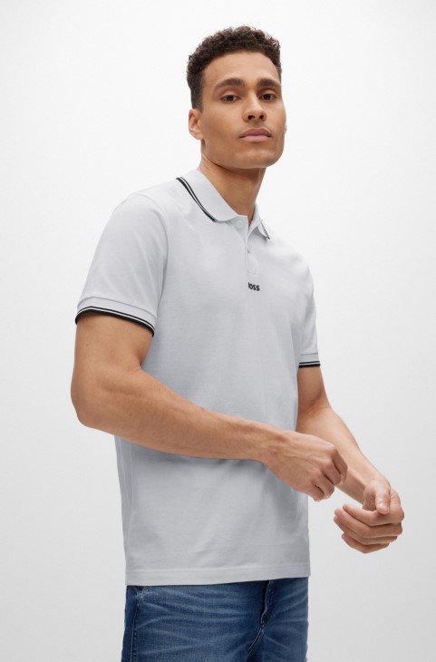 λευκό φίνο-πικέ πουκάμισο πόλο με λεπτομέρειες σε αντίθεση Hugo Boss
