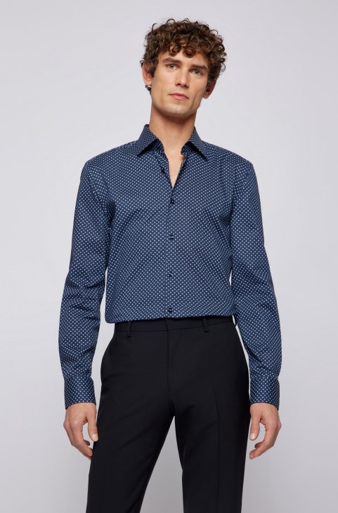 Slim-fit πουκάμισο σε εμπριμέ ιταλικό στρετ και βαμβακερή ποπλίνα Hugo Boss σκούρο μπλε
