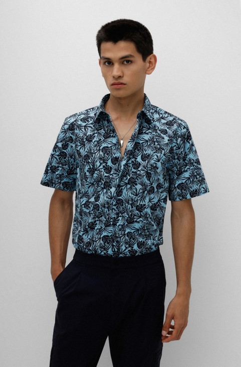 Hugo Boss πουκάμισο με χαλαρή εφαρμογή σε τυρκουάζ βαμβακερό καμβά