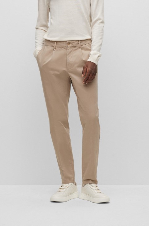 παντελόνι μπροστινό πιέτες σε στρετ βαμβακερό Twill ανοιχτό μπεζ Hugo Boss
