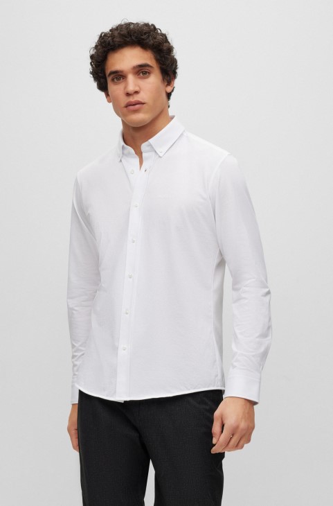 πουκάμισο με κανονική εφαρμογή σε δομημένο βαμβακερό Jersey Hugo Boss λευκό