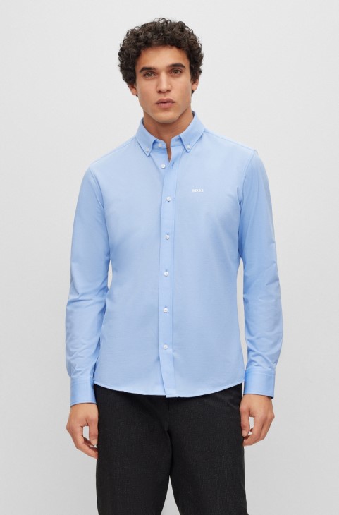 γαλάζιο πουκάμισο Hugo Boss με κανονική εφαρμογή σε δομημένο ζέρσεϊ από μείγμα βαμβακιού