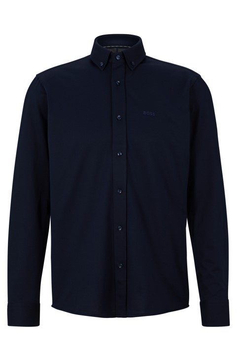Πουκάμισο Hugo Boss σκούρο μπλε με κανονική εφαρμογή σε δομημένο ζέρσεϊ από μείγμα βαμβακιού