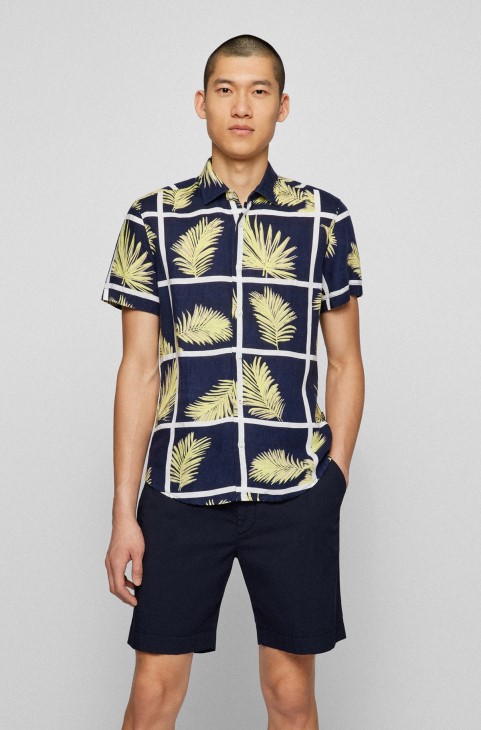 πουκάμισο με κανονική εφαρμογή από λινό καμβά με στάμπα παλάμης και σκούρο μπλε Hugo Boss