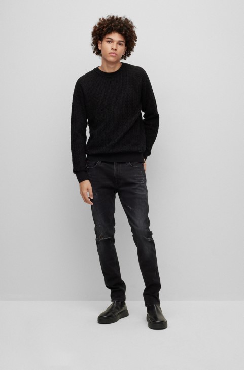 Hugo Boss πουλόβερ χαλαρής εφαρμογής σε δομημένο βαμβακερό μαύρο
