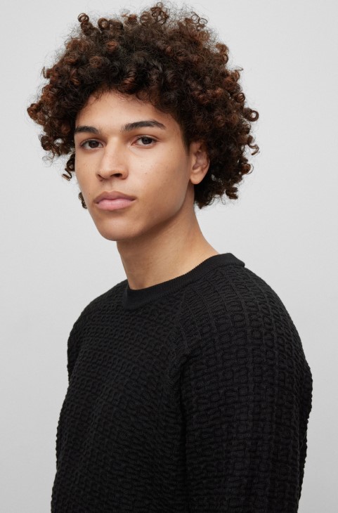 Hugo Boss πουλόβερ χαλαρής εφαρμογής σε δομημένο βαμβακερό μαύρο
