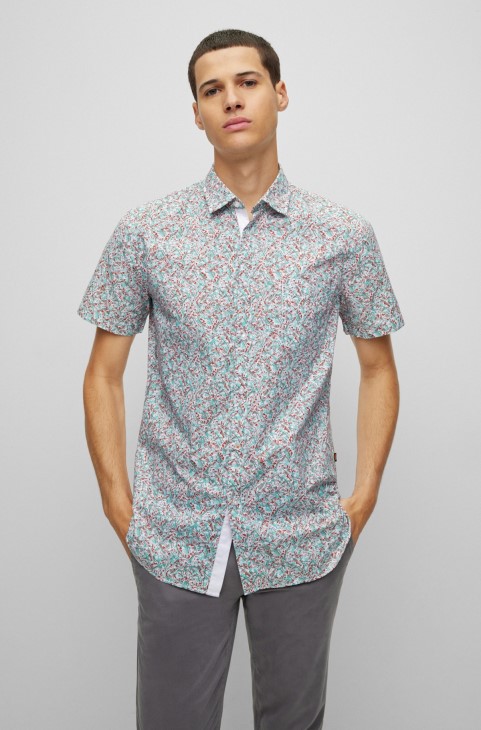 λευκό πουκάμισο Slim-fit σε εμπριμέ ελαστικό βαμβακερό Hugo Boss