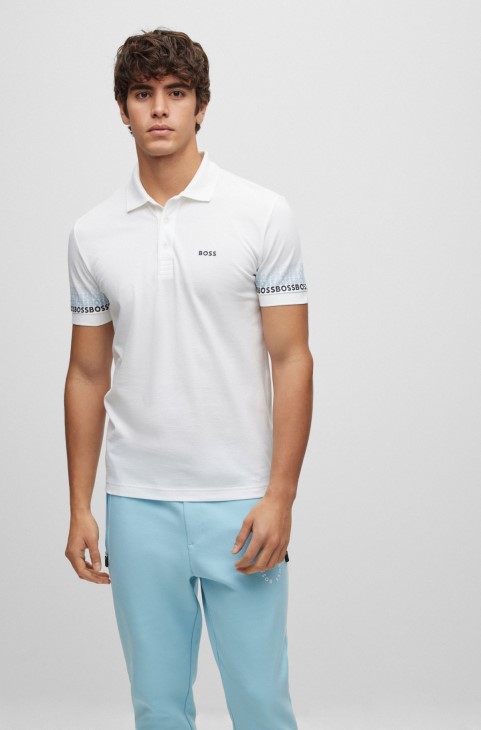 μπλουζάκι πόλο βαμβακερό-πικέ-ζακάρ με πολύχρωμα λογότυπα Hugo Boss λευκό
