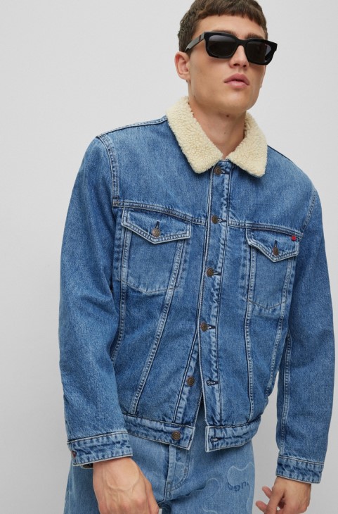 Μπουφάν με γιακά σε μπλε άκαμπτο τζιν σιέλ Hugo Boss
