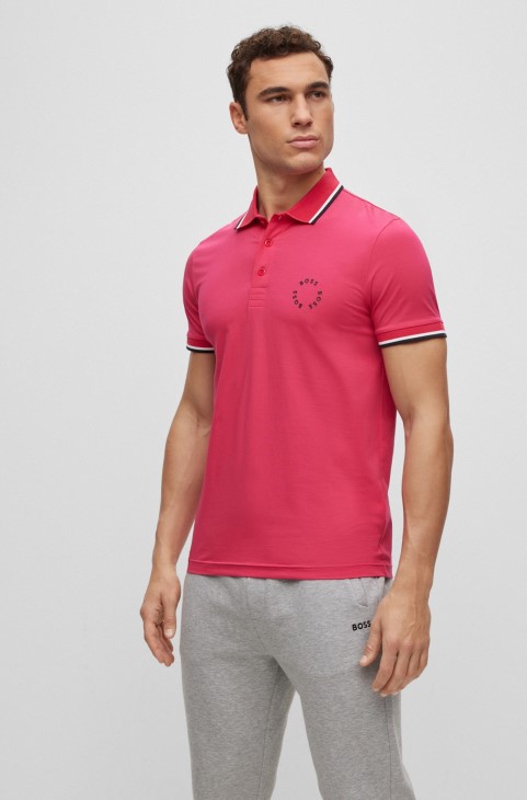 ροζ μπλουζάκι πόλο Boss βαμβακερό στρετ και Slim-fit με κυκλικό μαρκάρισμα