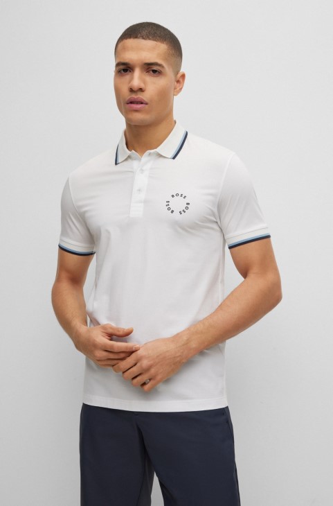 Hugo Boss στρετ, βαμβακερό Slim-fit μπλουζάκι πόλο με κυκλικό μαρκάρισμα λευκό