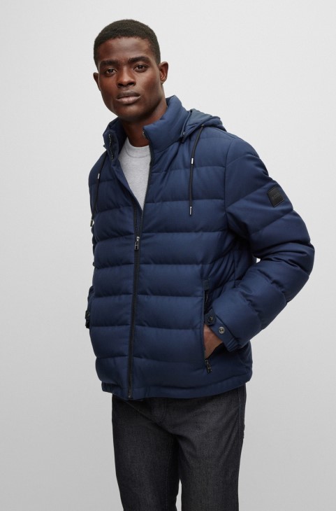 μπουφάν με κουκούλα από καθαρό μαλλί Twill Hugo Boss σκούρο μπλε