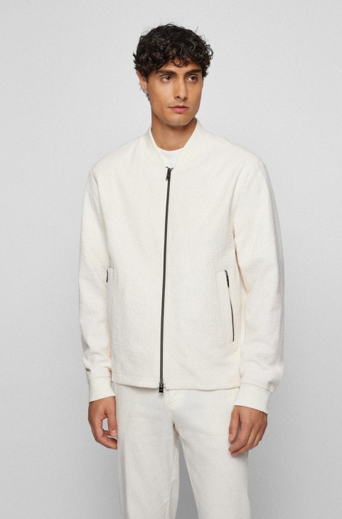 σακάκι με φερμουάρ σε λεπτή εφαρμογή από ύφασμα Stretch Seersucker λευκό Hugo Boss