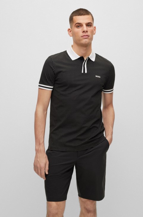μαύρο μπλουζάκι πόλο Boss βαμβακερό στρετ με λεπτή εφαρμογή με κουκκίδα