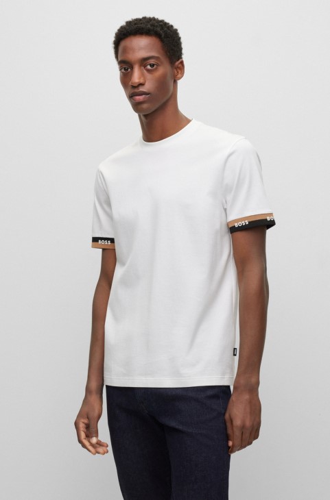 Μερσεριζέ-βαμβακερό μπλουζάκι με κανονική εφαρμογή με μανσέτες με λογότυπο λευκό Hugo Boss