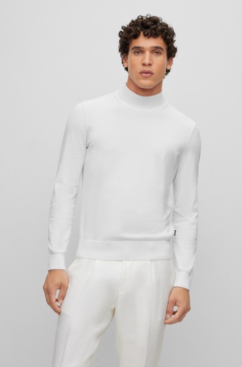 λευκό πουλόβερ από βαμβακερό ζέρσεϊ με ψεύτικη λαιμόκοψη Hugo Boss
