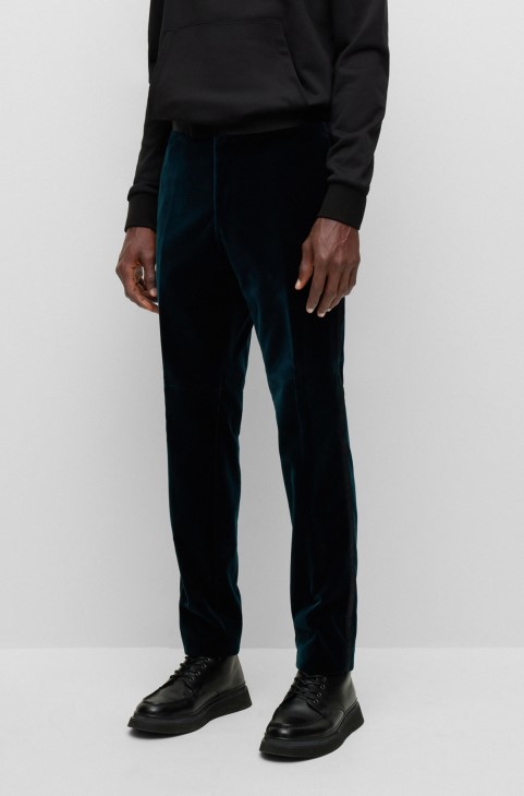 σμόκιν παντελόνι σε λεπτή εφαρμογή από καθαρό βαμβακερό βελούδο Hugo Boss τιρκουάζ