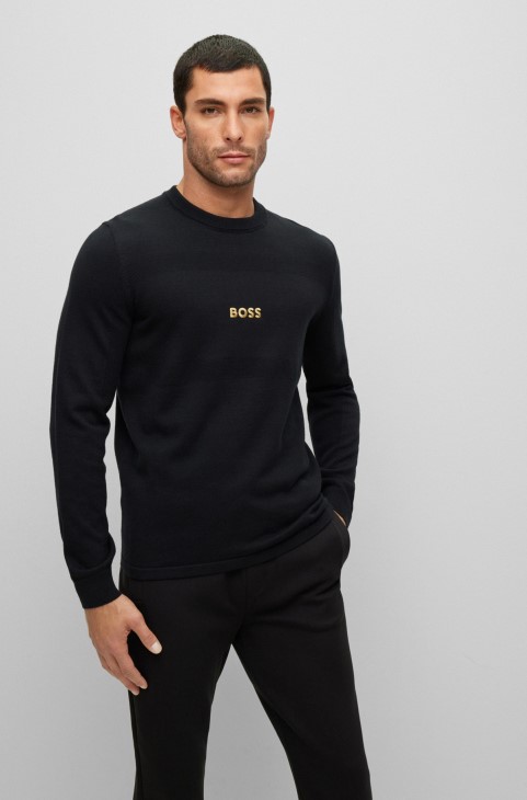 πουλόβερ με κεντημένο λογότυπο από οργανικό βαμβάκι και μαλλί μαύρο Hugo Boss