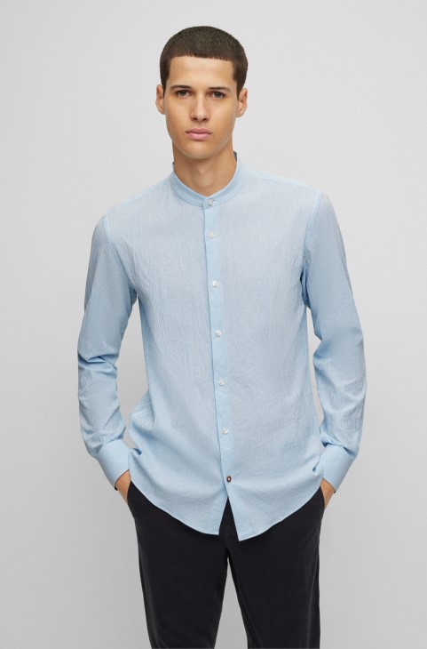 γαλάζιο μπλουζάκι Hugo Boss χωρίς γιακά με λεπτή εφαρμογή σε ριγέ ελαστικό βαμβάκι