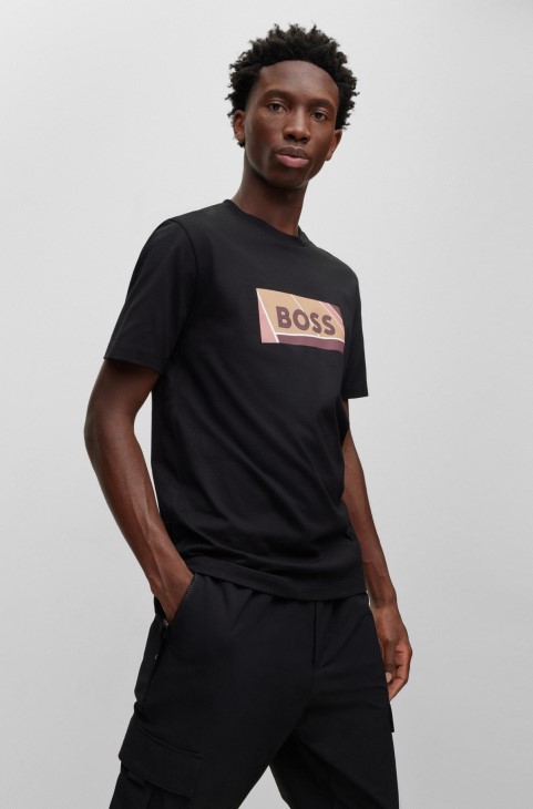 βαμβακερό μπλουζάκι με λεπτή εφαρμογή με λογότυπο εμπνευσμένο από το τένις, μαύρο Hugo Boss