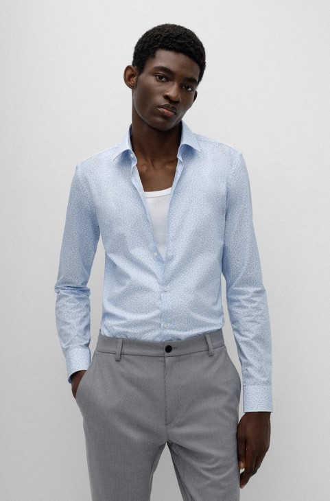 Πουκάμισο Hugo Boss Slim-fit σε βαμβακερό καμβά με μικροτυπία γαλάζιο
