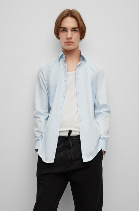 Slim-fit πουκάμισο από σιδερένιο βαμβακερό Twill με διπλές μανσέτες γαλάζιο Hugo Boss