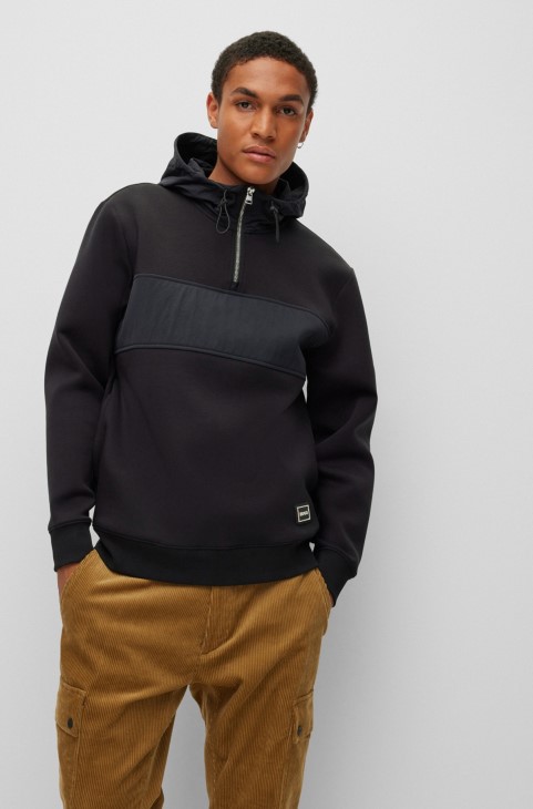 μαύρη κουκούλα από βαμβακερό μείγμα Hugo Boss χαλαρής εφαρμογής με λογότυπο