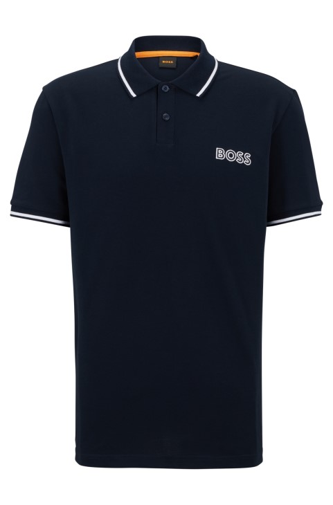 Βαμβακερό πικέ πόλο μπλουζάκι με λεπτομέρεια λογότυπου σκούρο μπλε Hugo Boss
